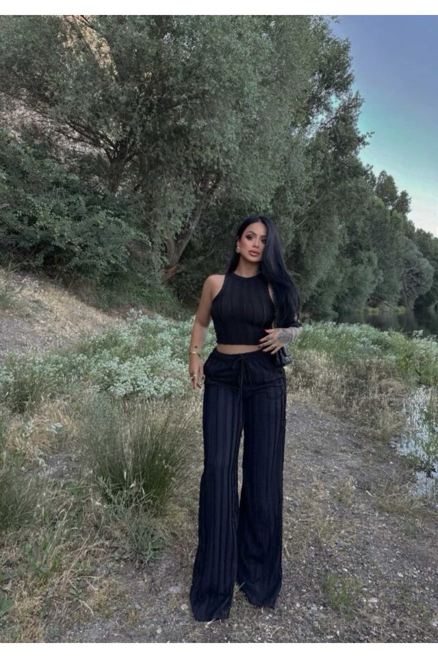 Halter Yaka Crop ve Fırfırlı Gagari Pantolon Takım S - Siyah