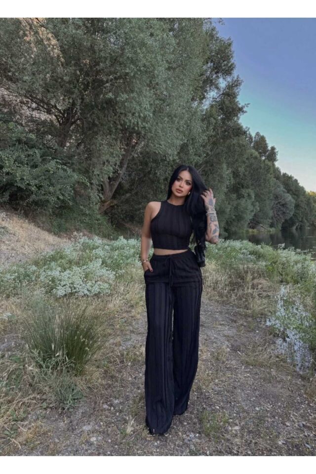 Halter Yaka Crop ve Fırfırlı Gagari Pantolon Takım S - Siyah