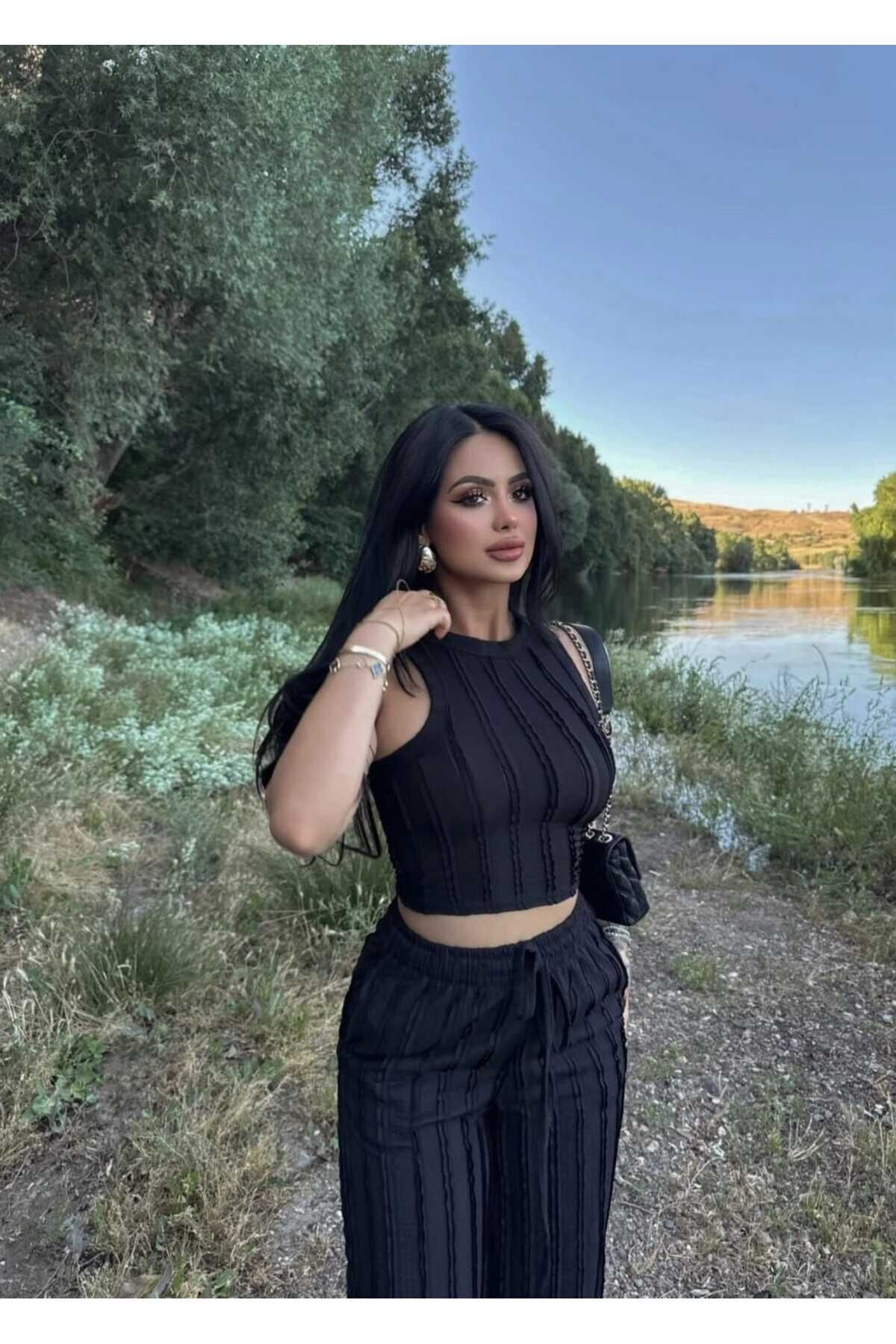 Halter Yaka Crop ve Fırfırlı Gagari Pantolon Takım S - Siyah