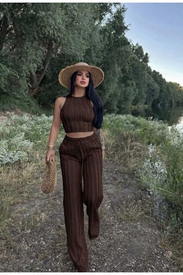Halter Yaka Crop ve Fırfırlı Gagari Pantolon Takım XL - Kahverengi