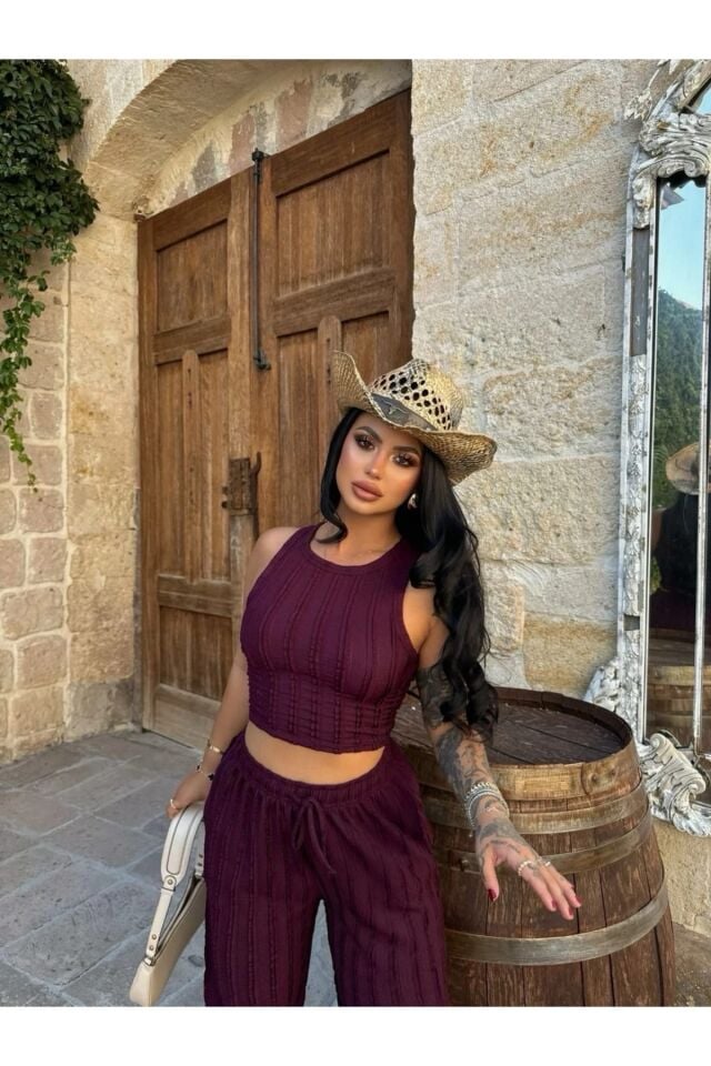 Halter Yaka Crop ve Fırfırlı Gagari Pantolon Takım XS - Bordo