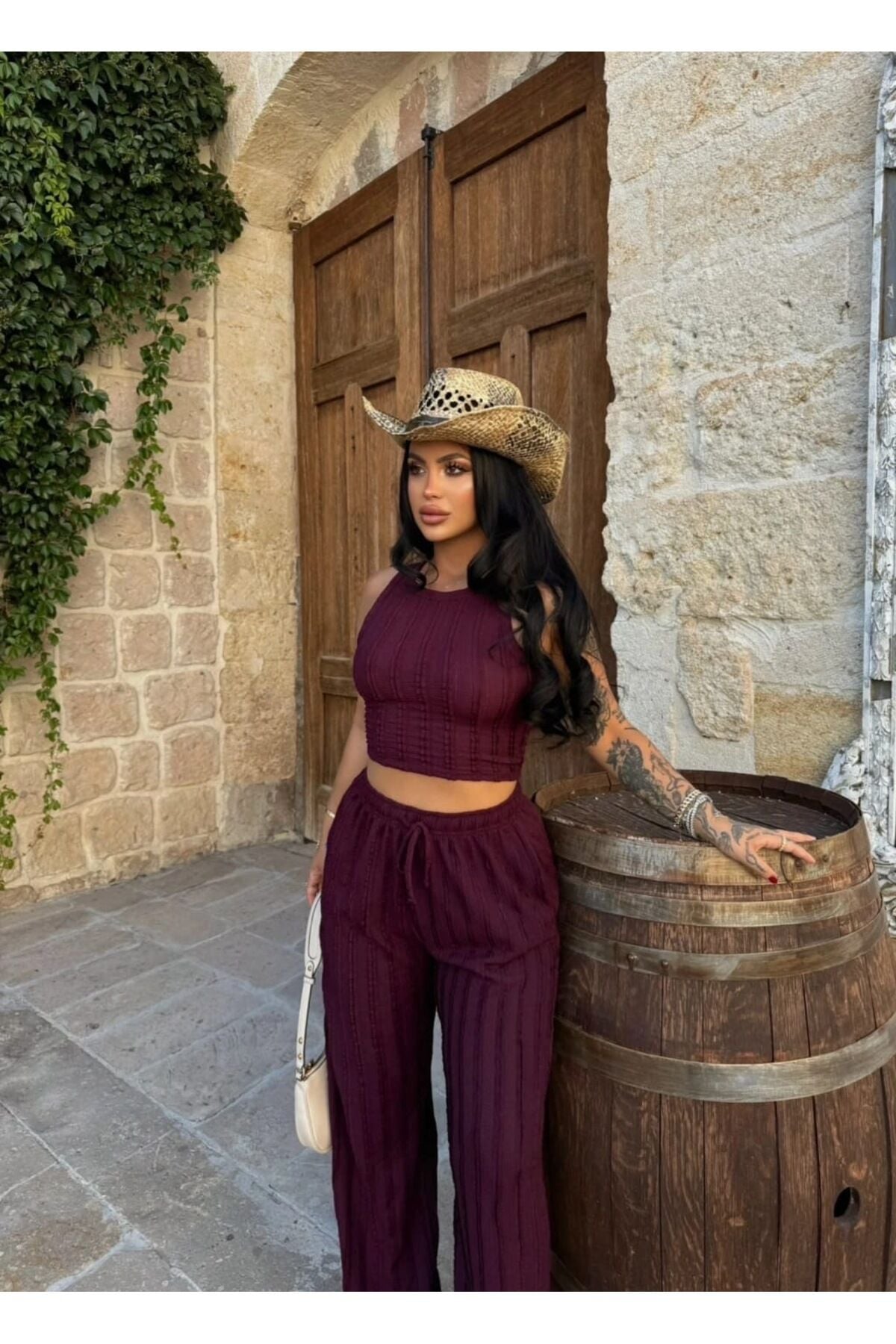 Halter Yaka Crop ve Fırfırlı Gagari Pantolon Takım XS - Bordo