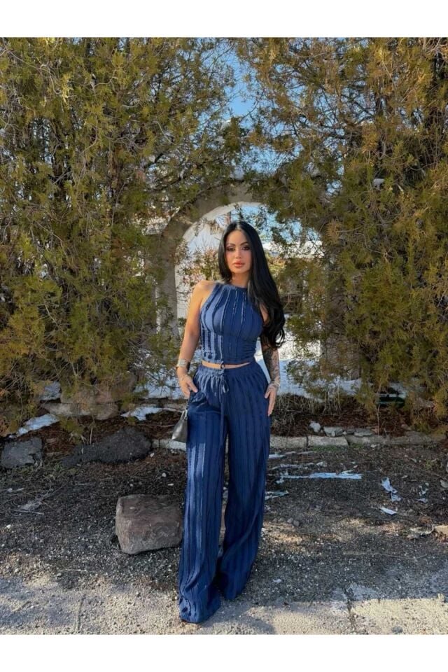 Halter Yaka Crop ve Fırfırlı Gagari Pantolon Takım L - Lacivert