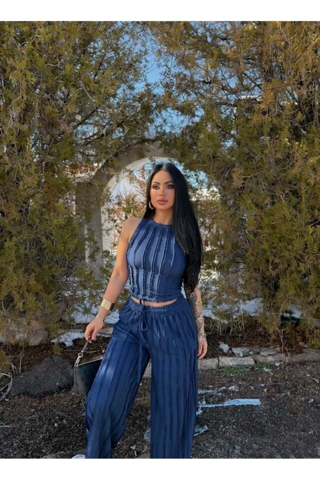 Halter Yaka Crop ve Fırfırlı Gagari Pantolon Takım L - Lacivert