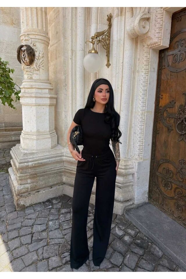 Kayık Yaka Bluz ve Bol Paça Pantolon Takım L - Siyah