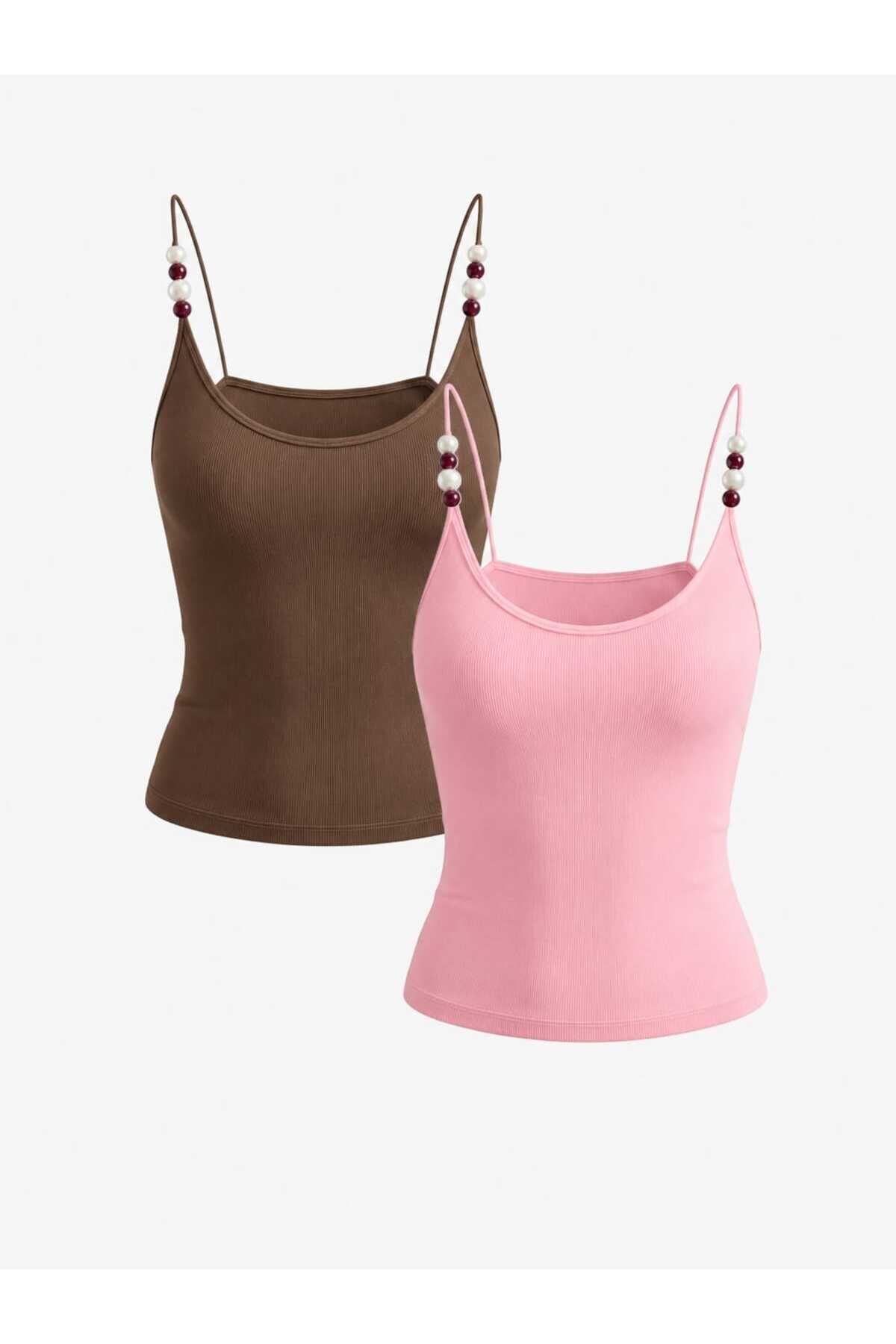 2'li İnci Detaylı Askılı Basic Atlet XL - pembe kahve