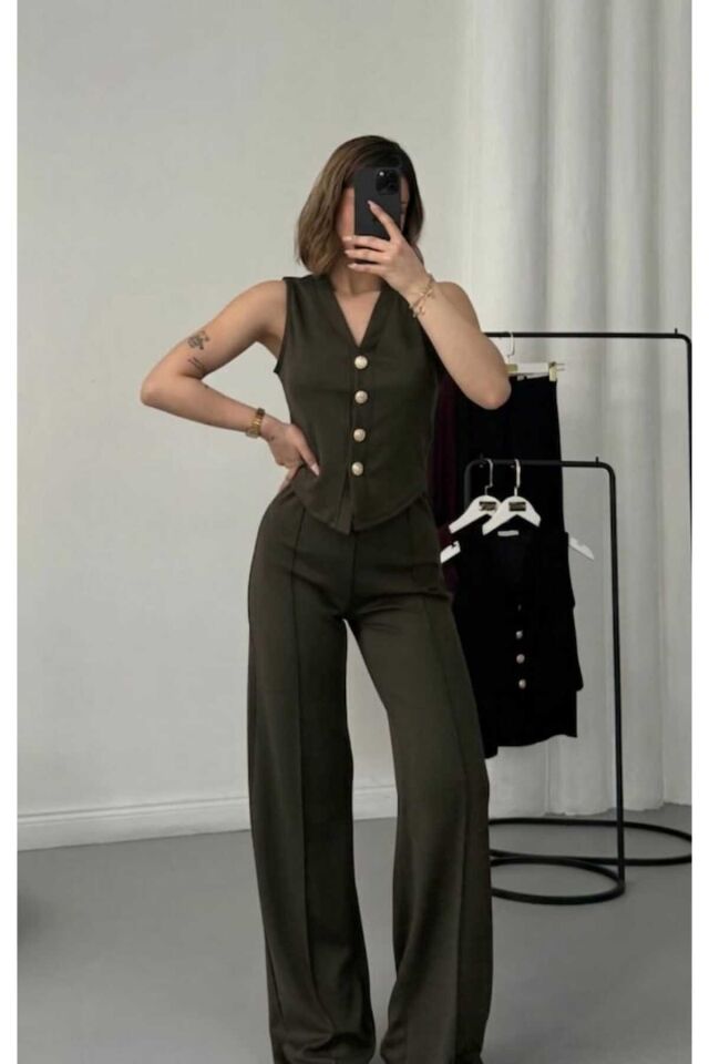 Gold Düğmeli Yelek ve Bol Paça Pantolon Takım S - Haki