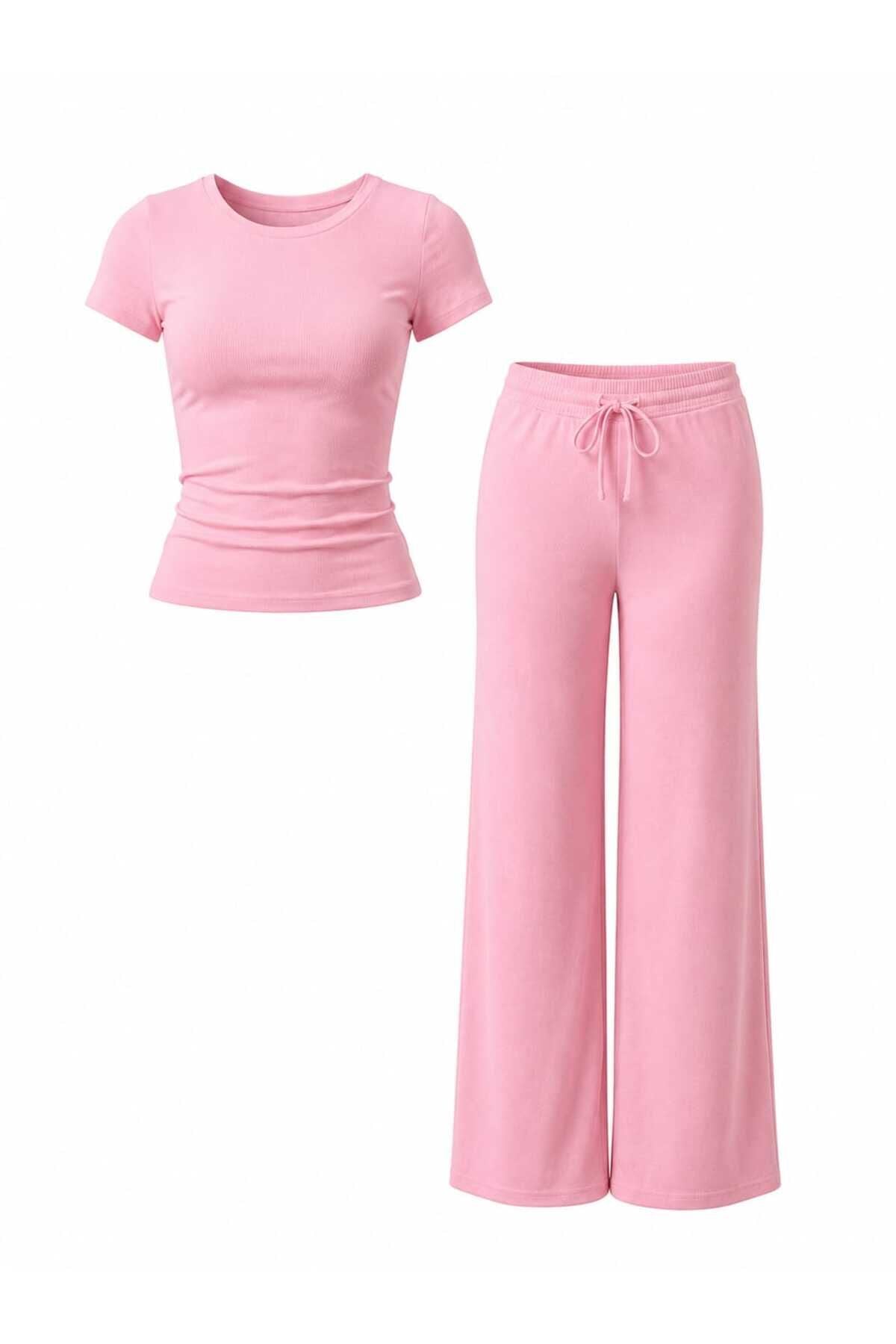 Bisiklet Yaka Bluz ve Bol Paça Pantolon Takım S - Pembe