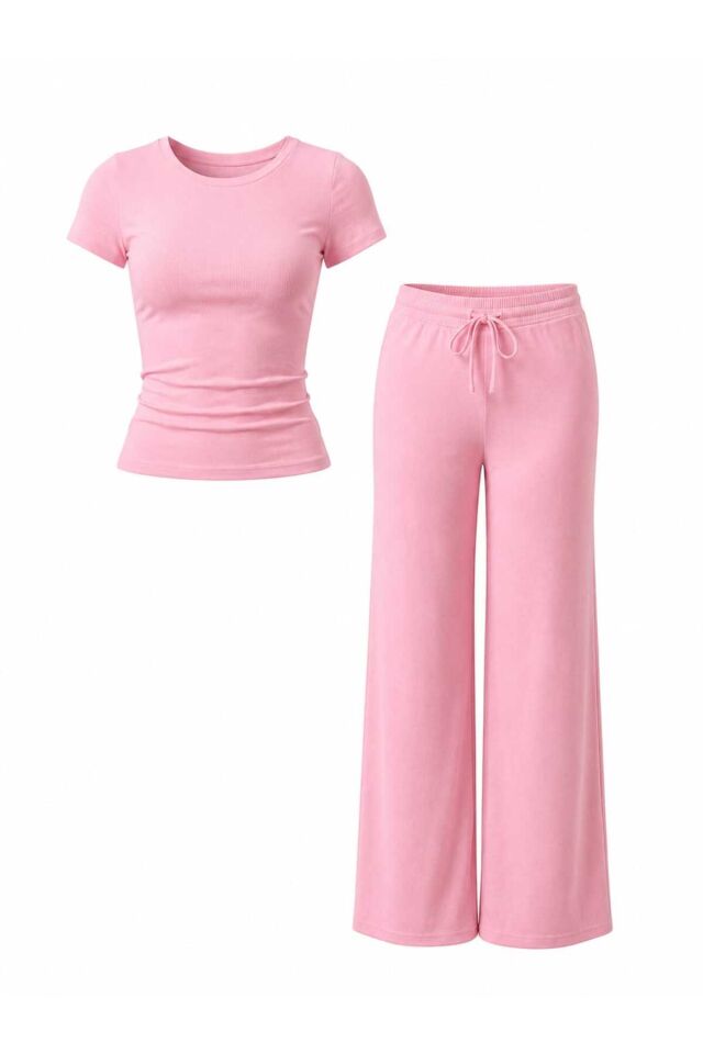 Bisiklet Yaka Bluz ve Bol Paça Pantolon Takım S - Pembe