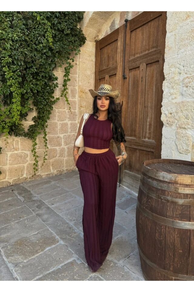 Halter Yaka Crop ve Fırfırlı Gagari Pantolon Takım XL - Bordo