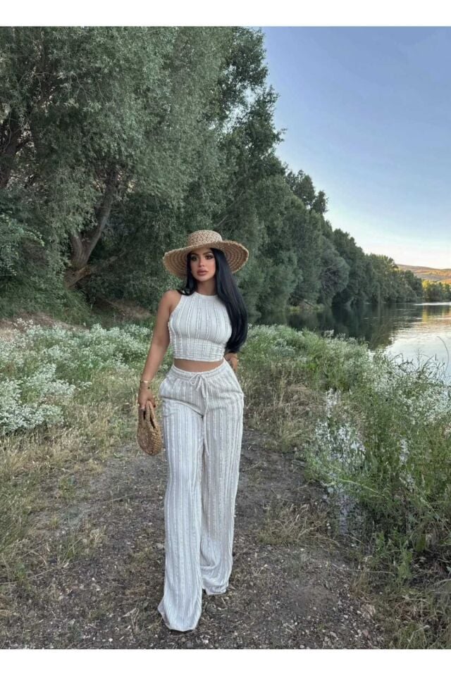 Halter Yaka Crop ve Fırfırlı Gagari Pantolon Takım XS - Bej
