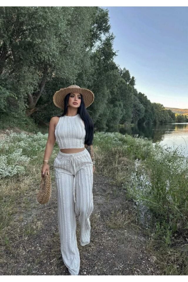 Halter Yaka Crop ve Fırfırlı Gagari Pantolon Takım XL - Bej