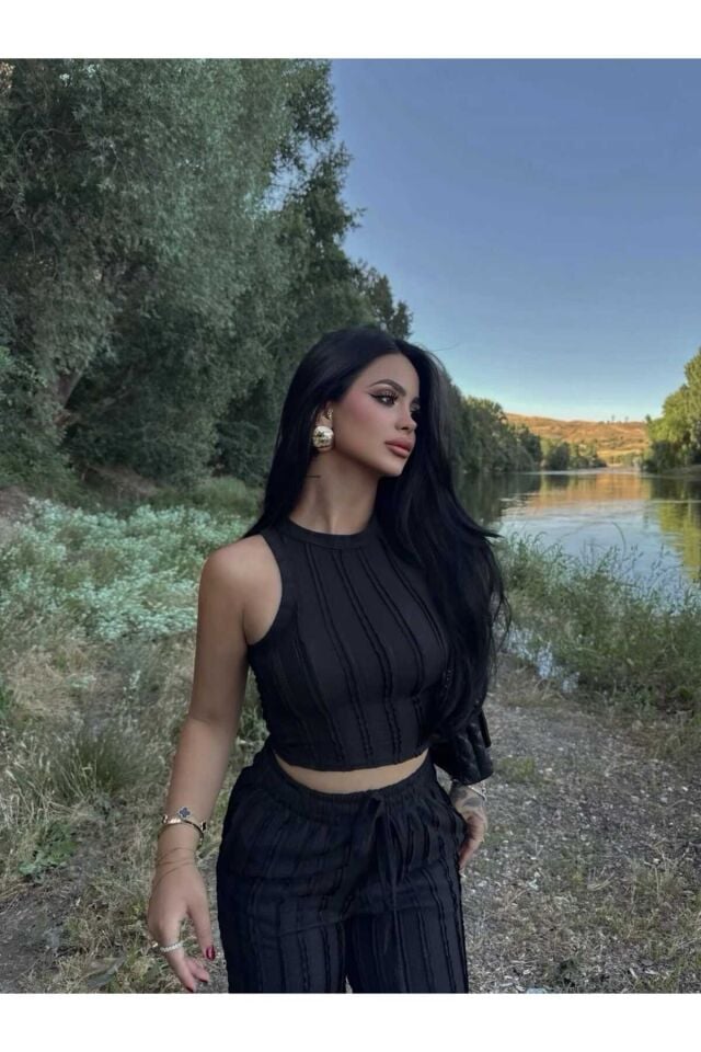 Halter Yaka Crop ve Fırfırlı Gagari Pantolon Takım XL - Siyah